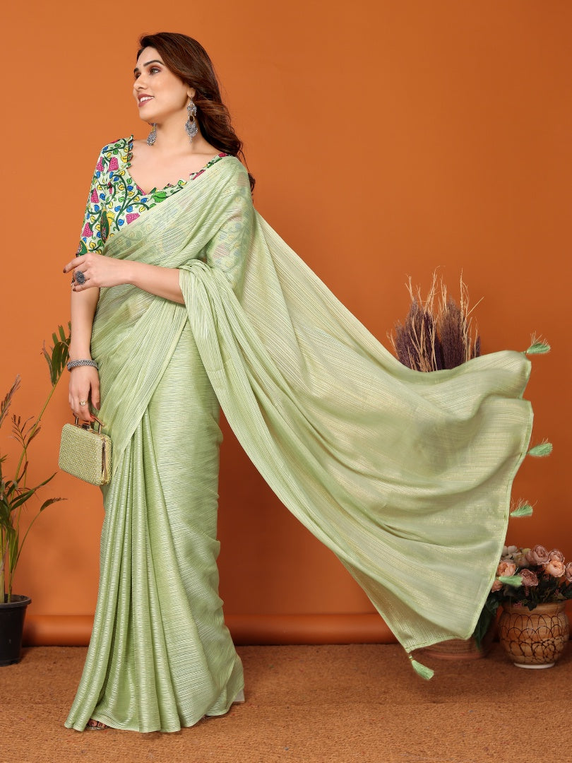 Pista Green Plain Saree with Kalamkari Digital Print Blouse