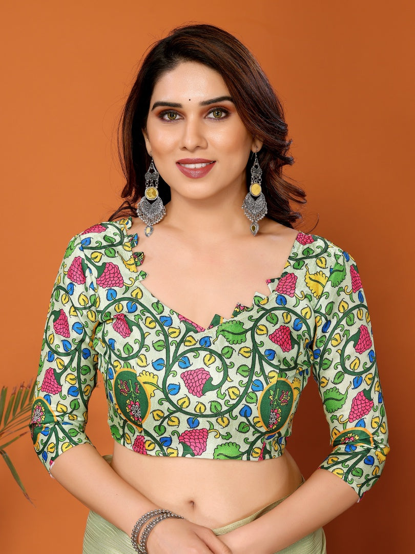 Pista Green Plain Saree with Kalamkari Digital Print Blouse