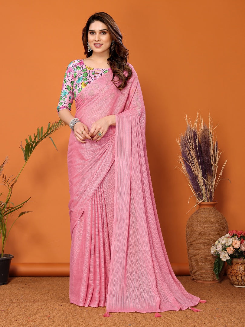 Rose Pink Plain Saree with Kalamkari Digital Print Blouse