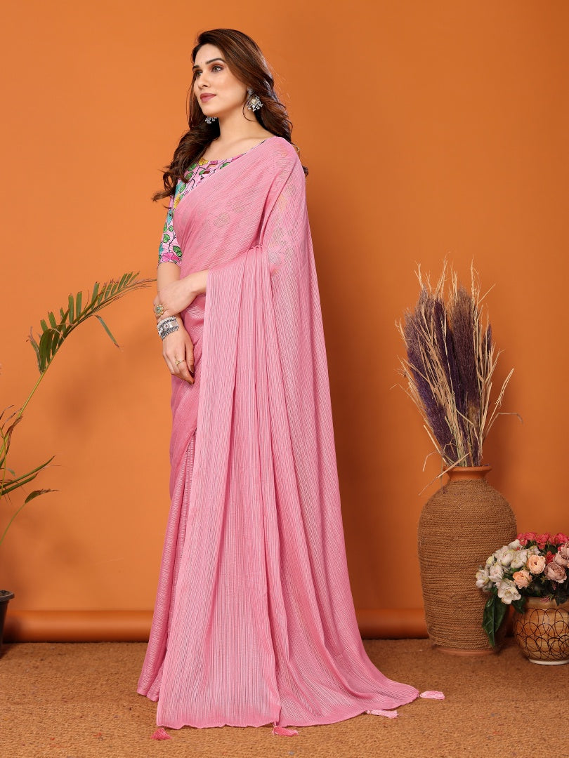 Rose Pink Plain Saree with Kalamkari Digital Print Blouse