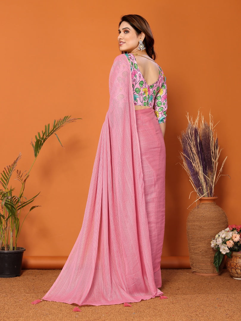 Rose Pink Plain Saree with Kalamkari Digital Print Blouse