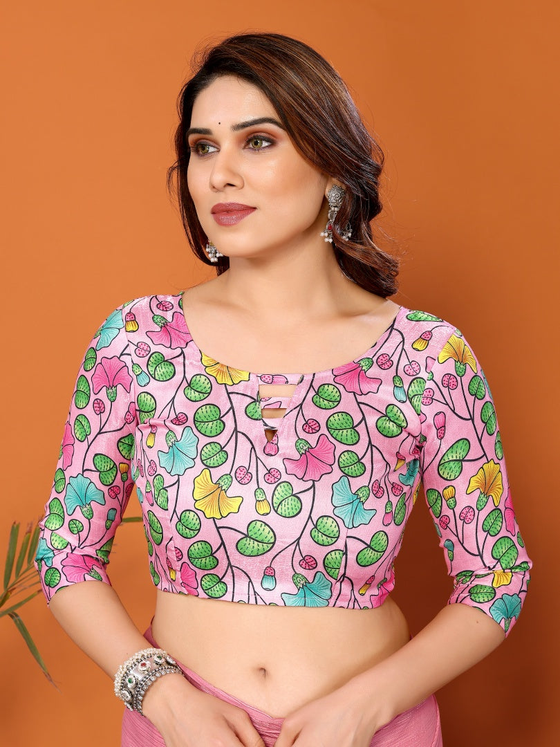 Rose Pink Plain Saree with Kalamkari Digital Print Blouse