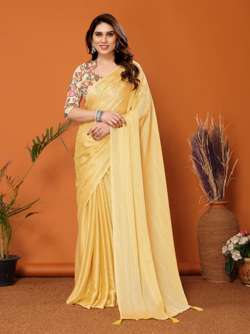 Yellow Plain Saree with Kalamkari Digital Print Blouse