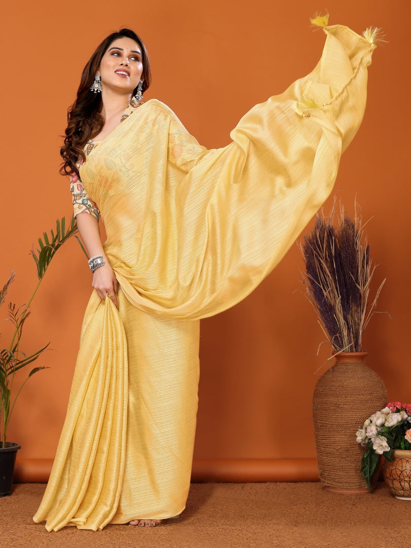 Yellow Plain Saree with Kalamkari Digital Print Blouse