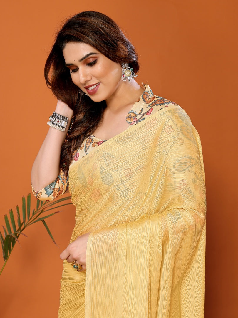 Yellow Plain Saree with Kalamkari Digital Print Blouse