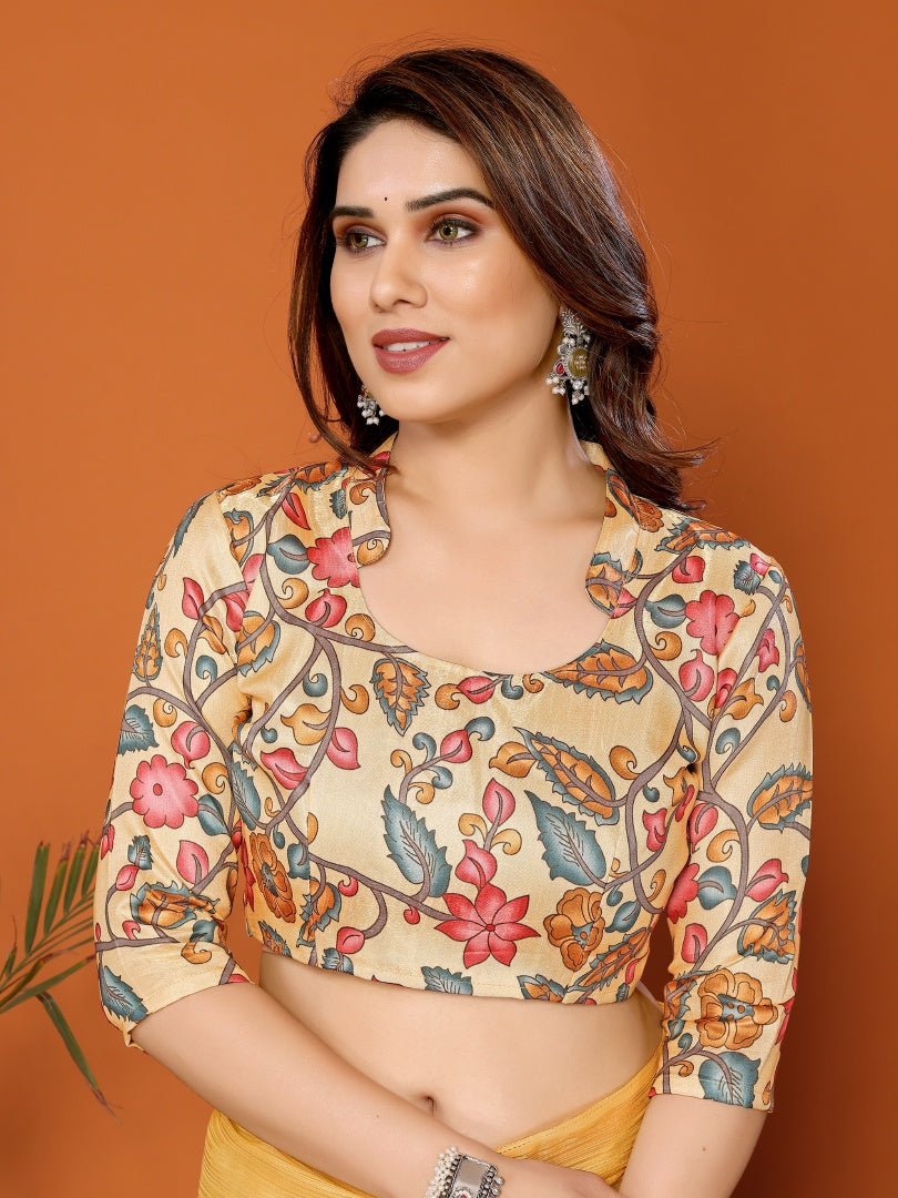 Yellow Plain Saree with Kalamkari Digital Print Blouse