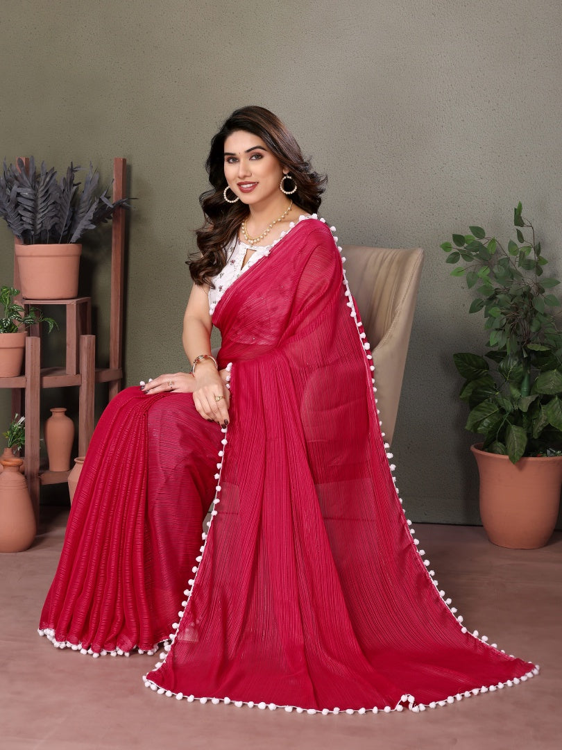 Charming Pink Polyester Zari Saree with Embroidery Work Blouse & Pum Pum Lace