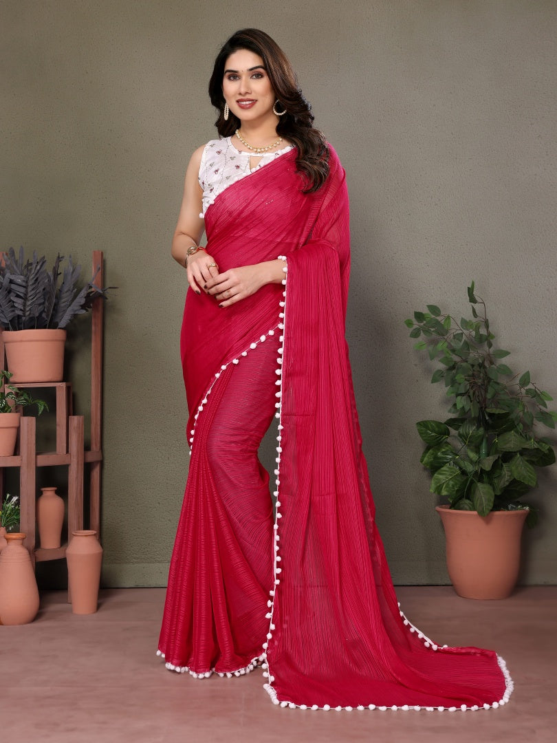 Charming Pink Polyester Zari Saree with Embroidery Work Blouse & Pum Pum Lace