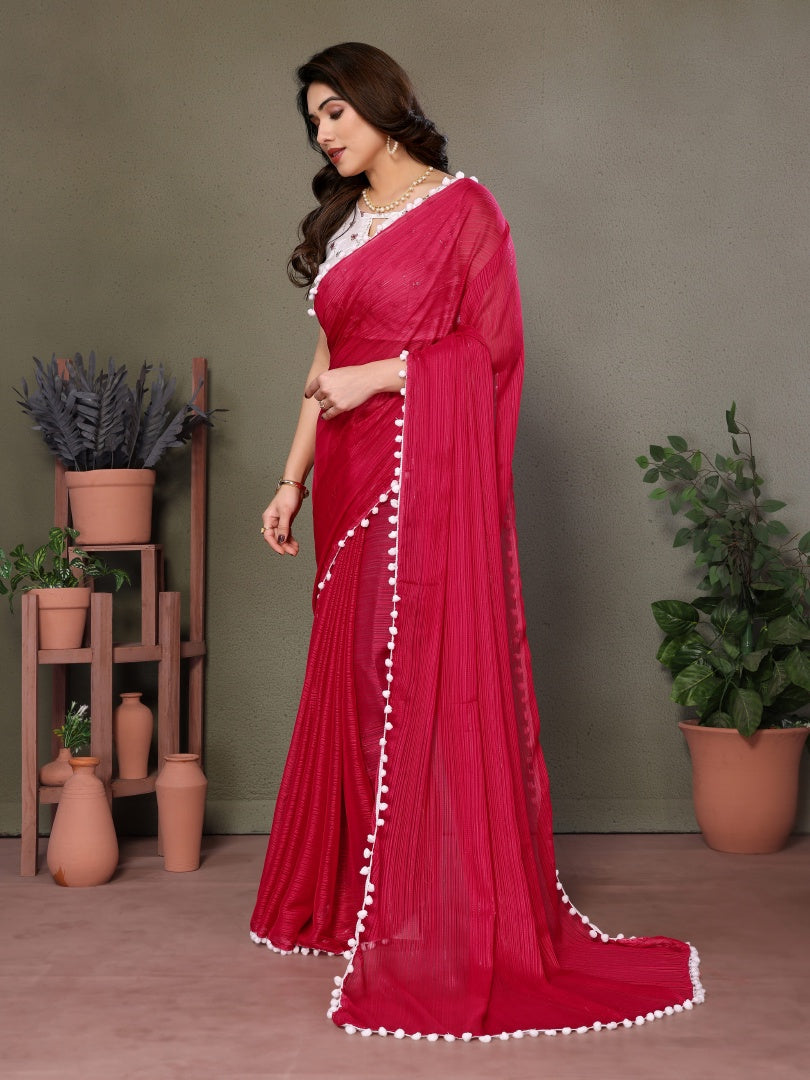 Charming Pink Polyester Zari Saree with Embroidery Work Blouse & Pum Pum Lace