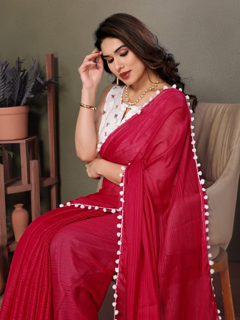 Charming Pink Polyester Zari Saree with Embroidery Work Blouse & Pum Pum Lace