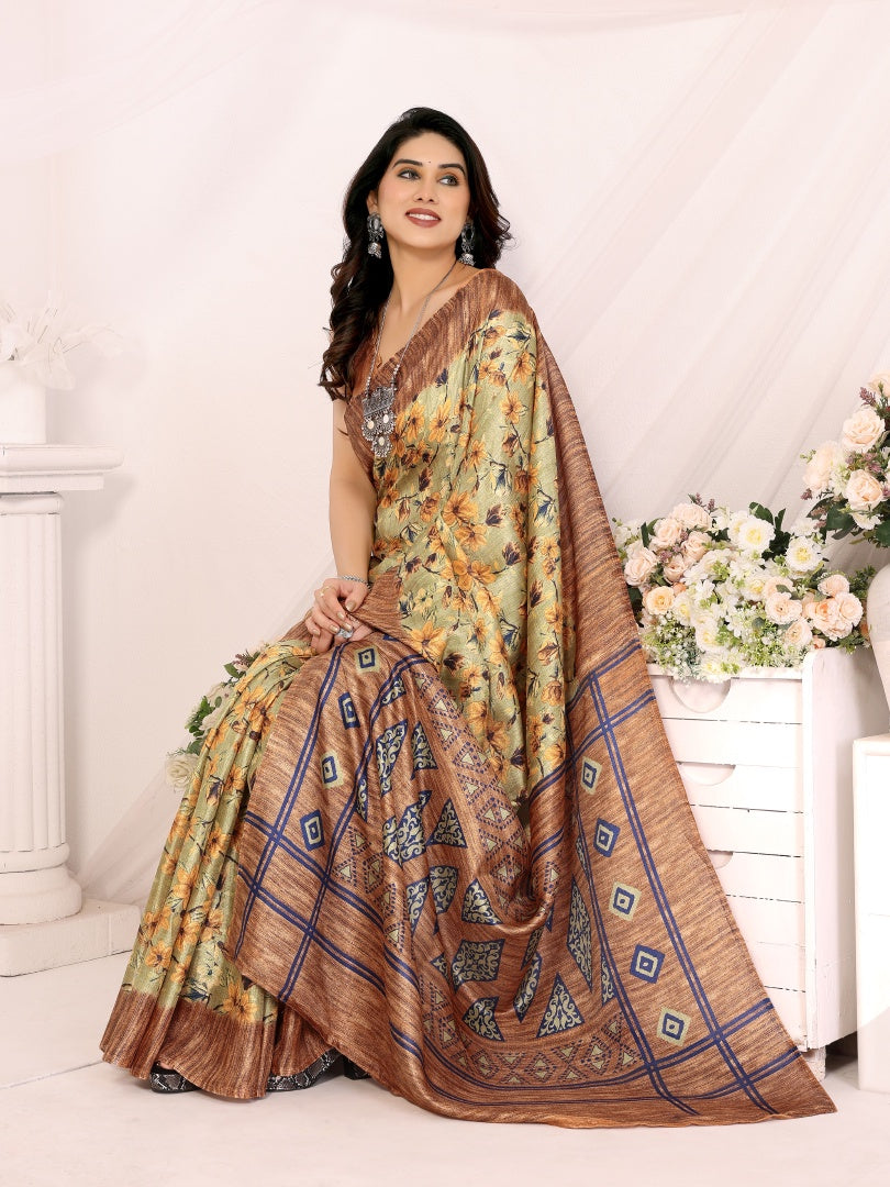 Brown Printed Khadi Saree for Women – Lightweight Daily Wear Saree with Blouse