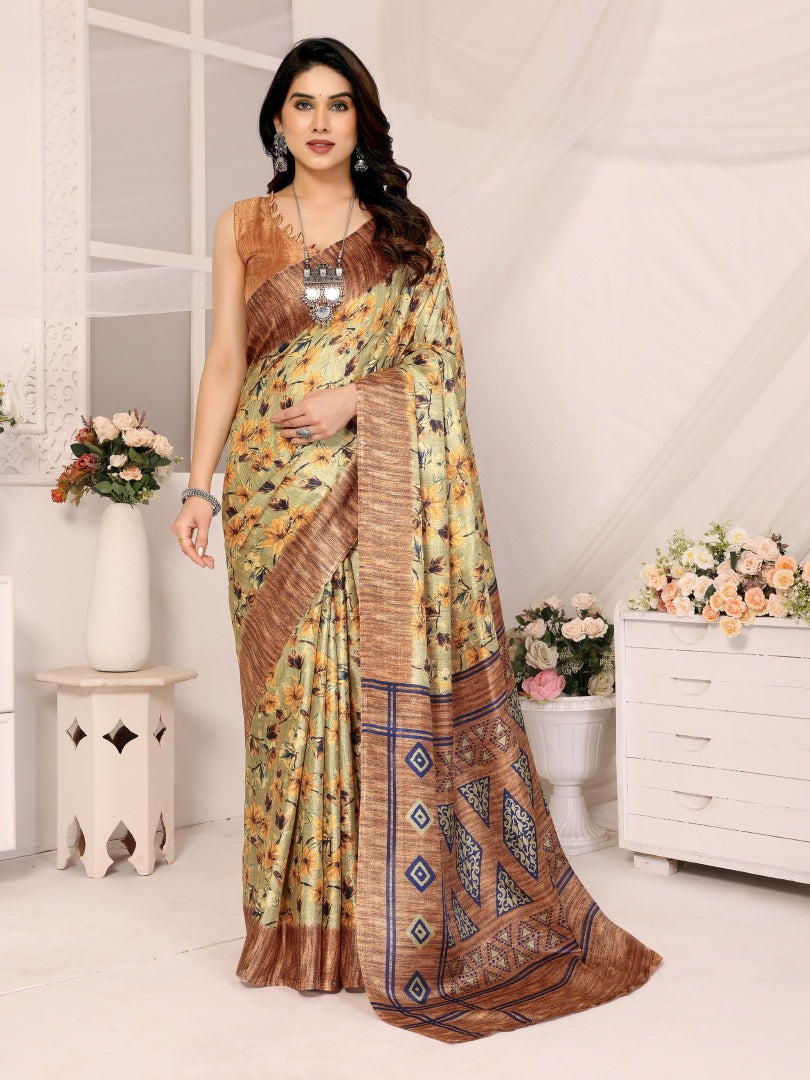 Brown Printed Khadi Saree for Women – Lightweight Daily Wear Saree with Blouse