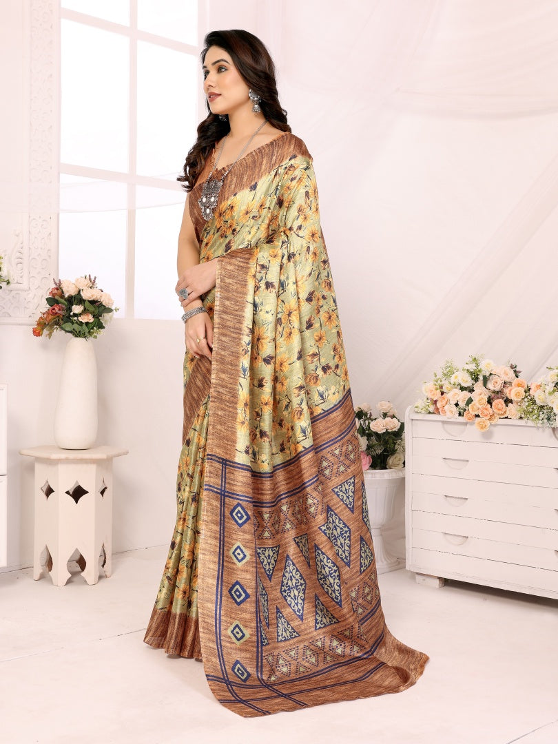 Brown Printed Khadi Saree for Women – Lightweight Daily Wear Saree with Blouse