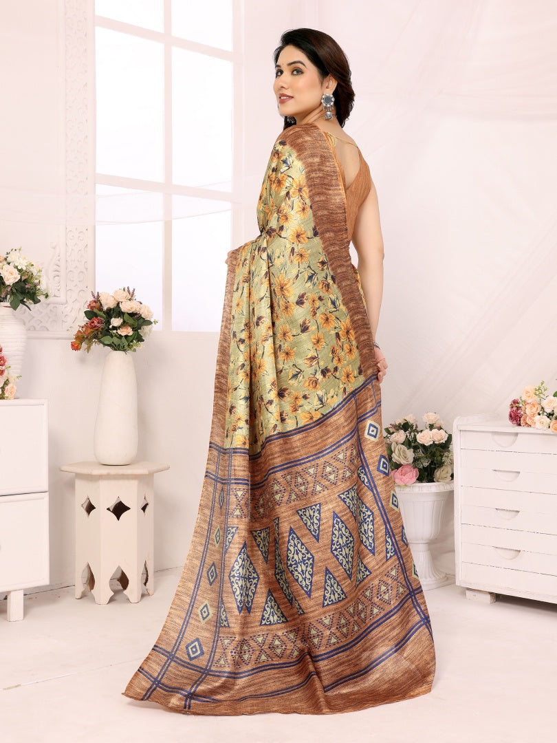 Brown Printed Khadi Saree for Women – Lightweight Daily Wear Saree with Blouse