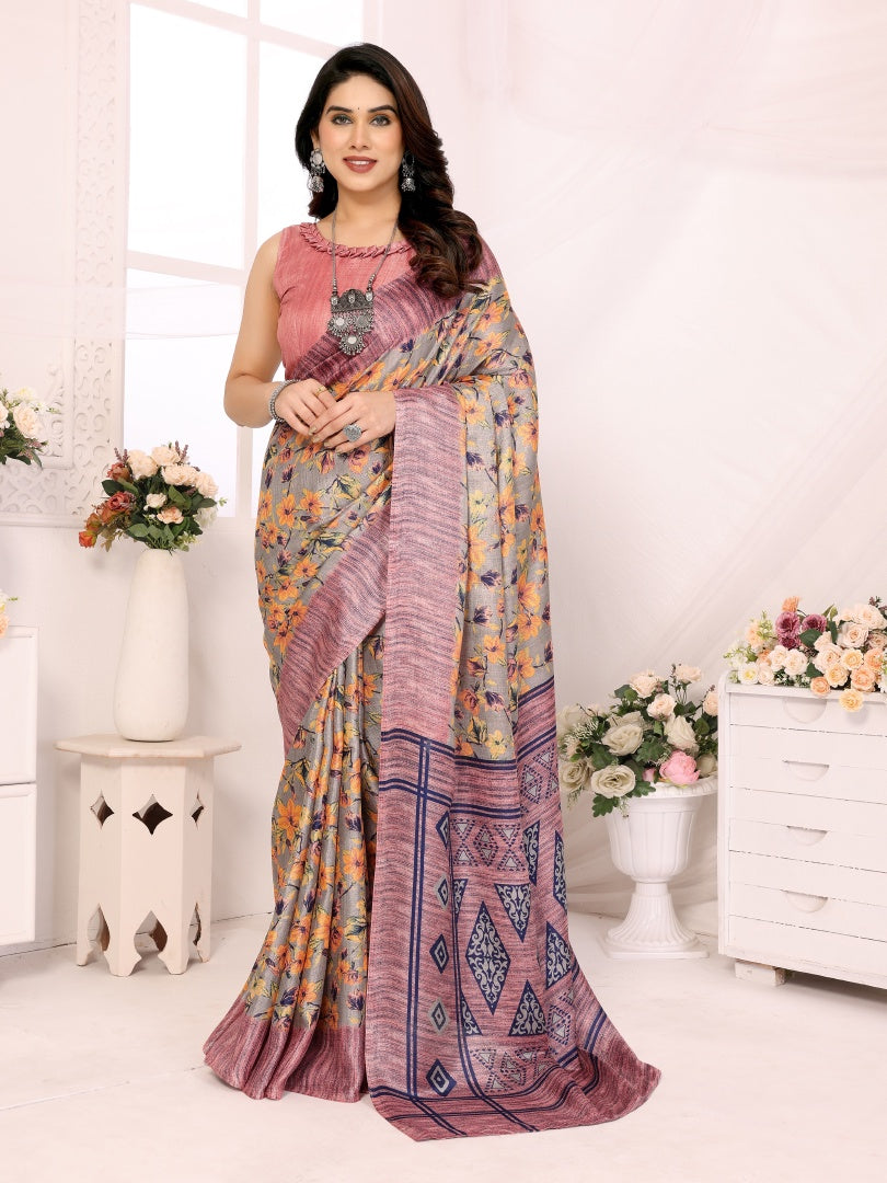 Pink Printed Khadi Saree for Women – Soft Lightweight Saree with Matching Blouse