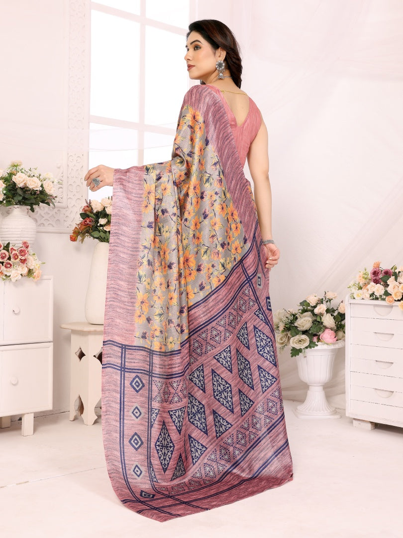 Pink Printed Khadi Saree for Women – Soft Lightweight Saree with Matching Blouse