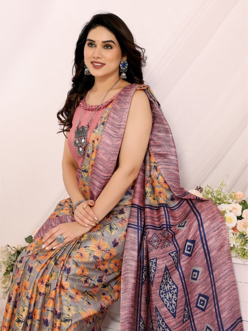Pink Printed Khadi Saree for Women – Soft Lightweight Saree with Matching Blouse
