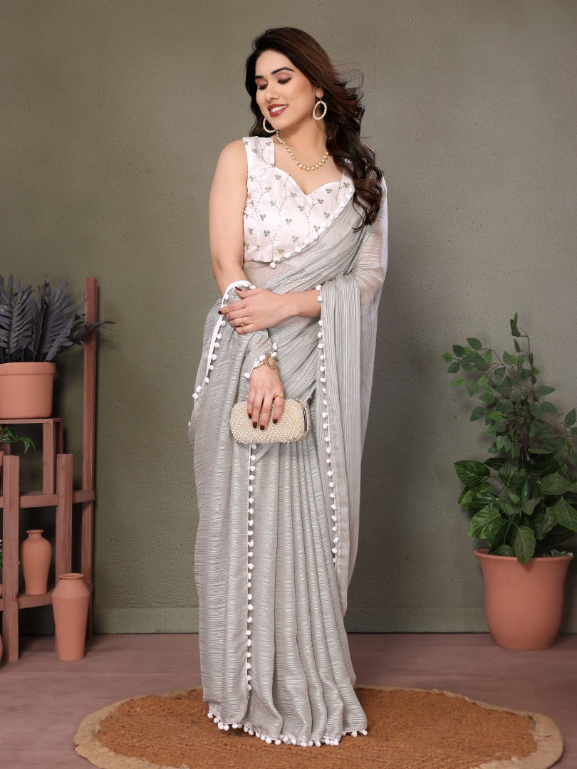 Elegant Grey Polyester Zari Saree with Embroidery Work Blouse & Pum Pum Lace