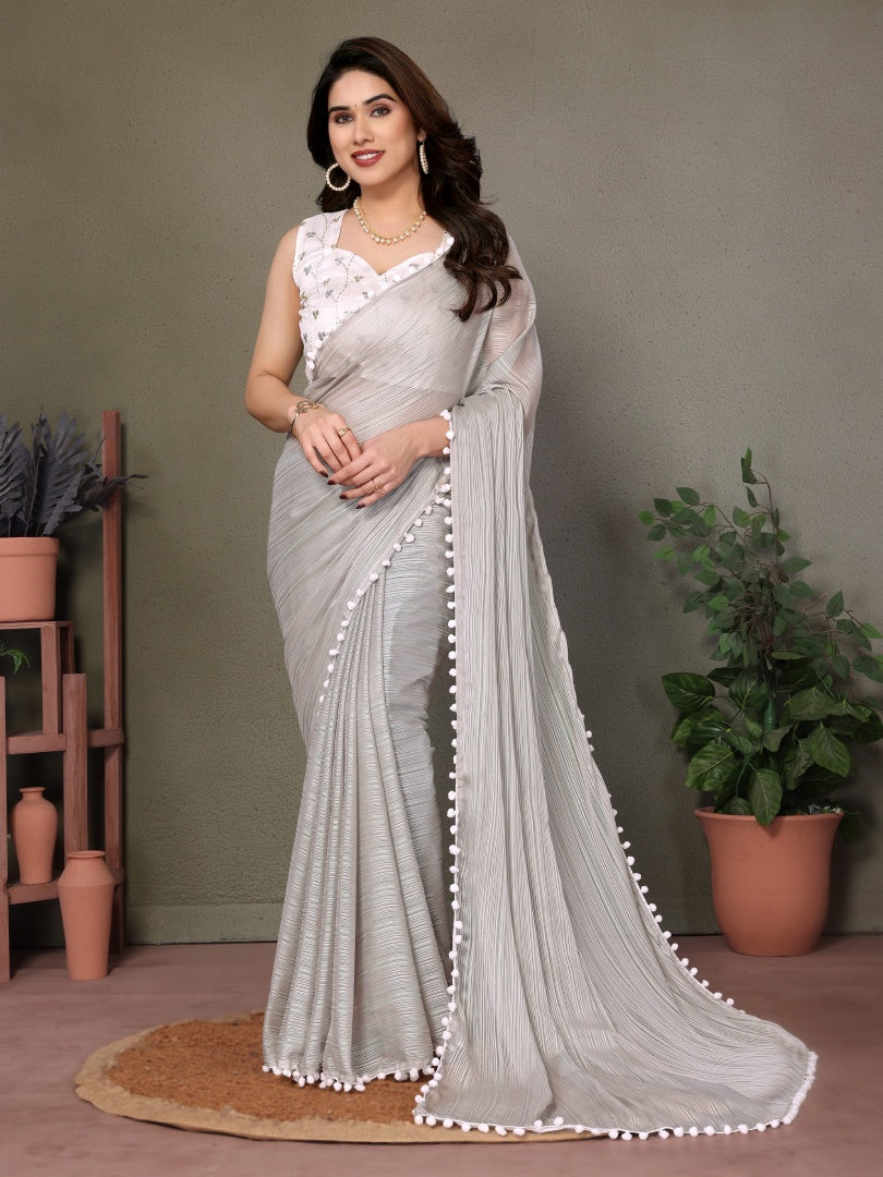 Elegant Grey Polyester Zari Saree with Embroidery Work Blouse & Pum Pum Lace