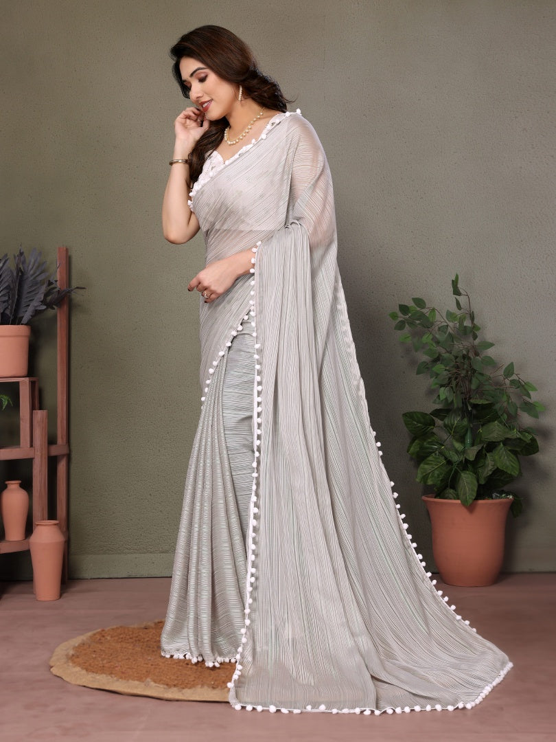 Elegant Grey Polyester Zari Saree with Embroidery Work Blouse & Pum Pum Lace