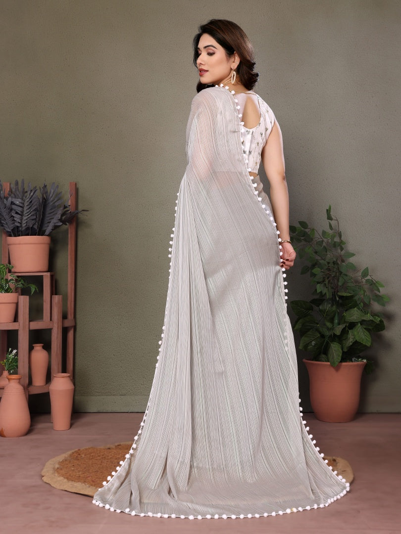 Elegant Grey Polyester Zari Saree with Embroidery Work Blouse & Pum Pum Lace