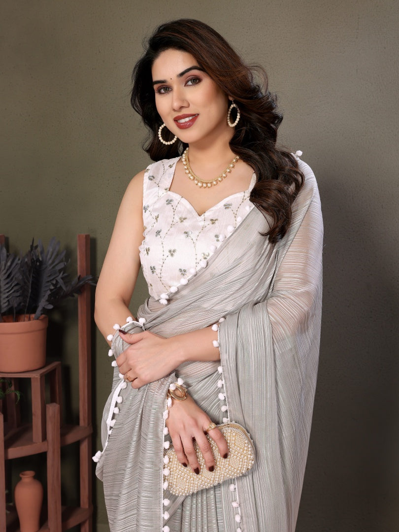 Elegant Grey Polyester Zari Saree with Embroidery Work Blouse & Pum Pum Lace