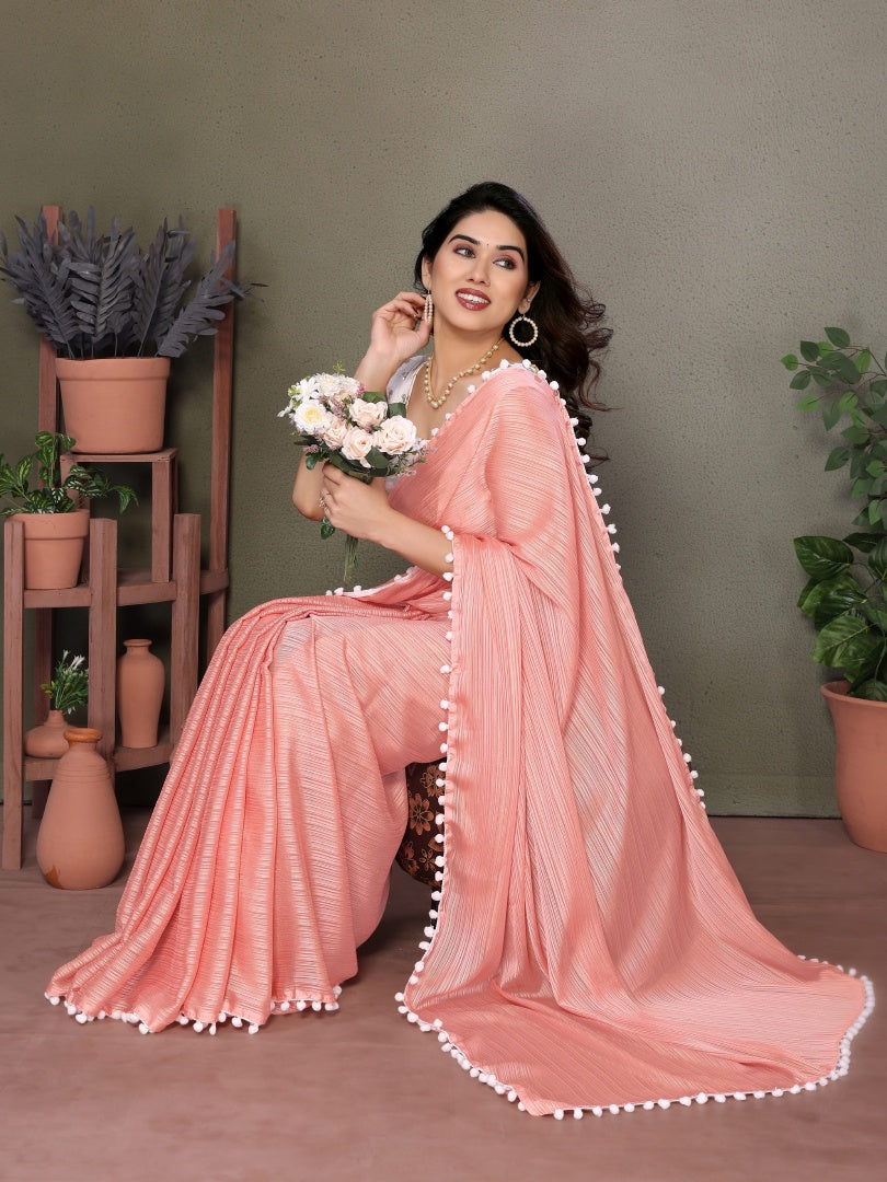 Graceful Peach Polyester Zari Saree with Embroidery Blouse & Pum Pum Lace