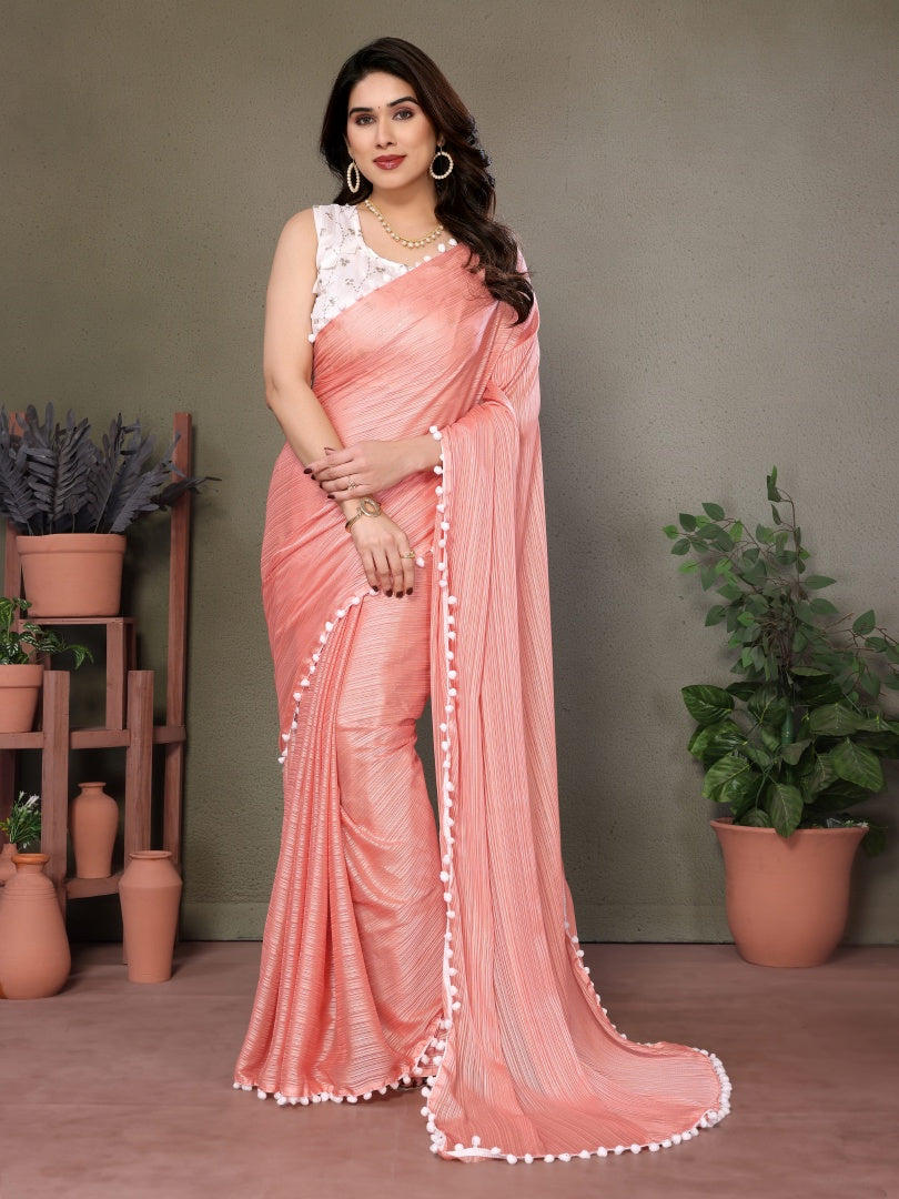 Graceful Peach Polyester Zari Saree with Embroidery Blouse & Pum Pum Lace