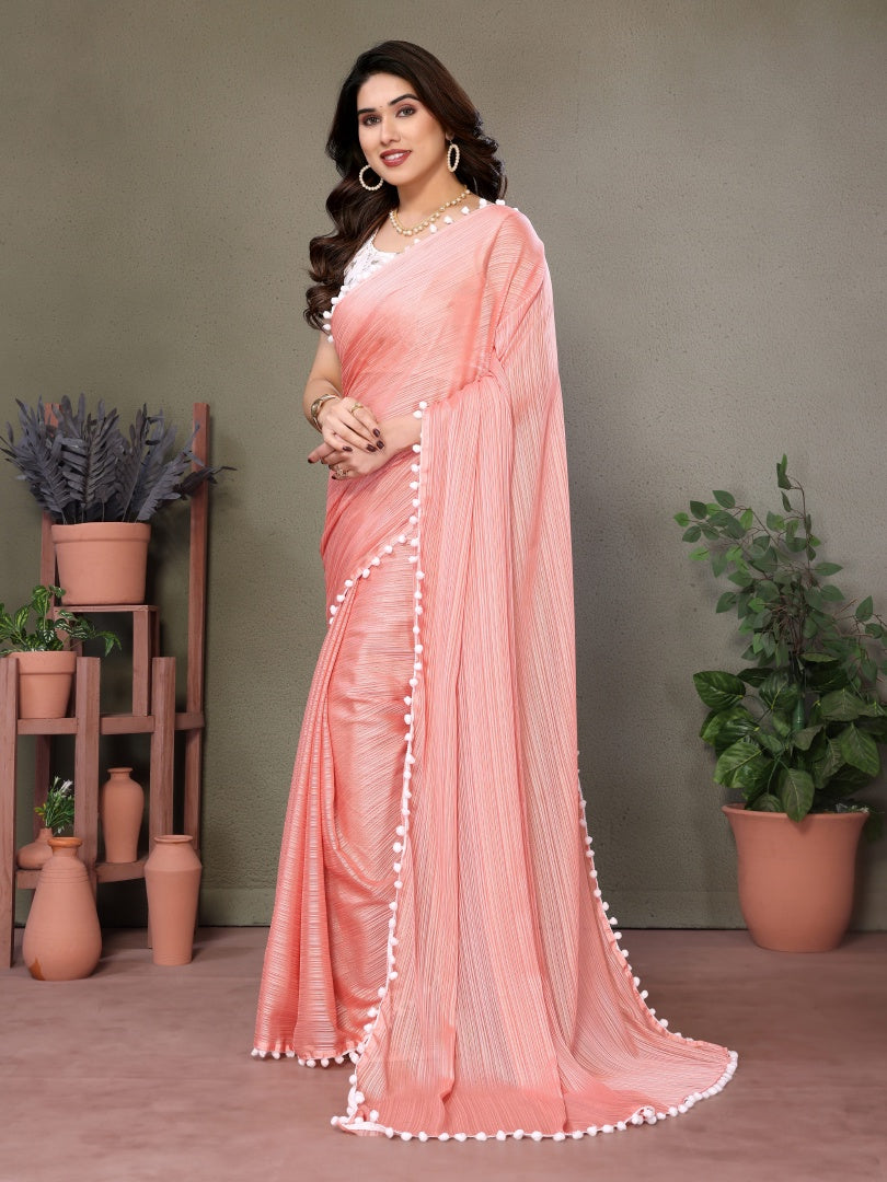 Graceful Peach Polyester Zari Saree with Embroidery Blouse & Pum Pum Lace