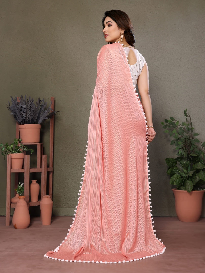 Graceful Peach Polyester Zari Saree with Embroidery Blouse & Pum Pum Lace