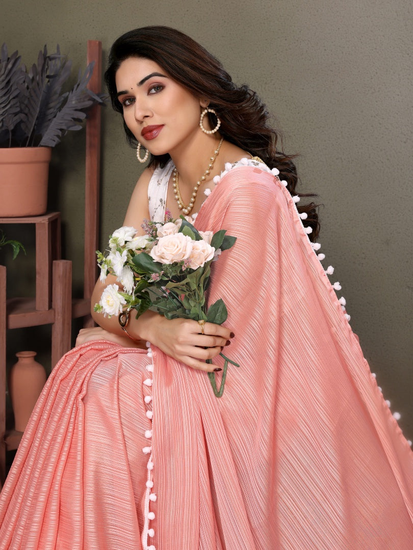 Graceful Peach Polyester Zari Saree with Embroidery Blouse & Pum Pum Lace