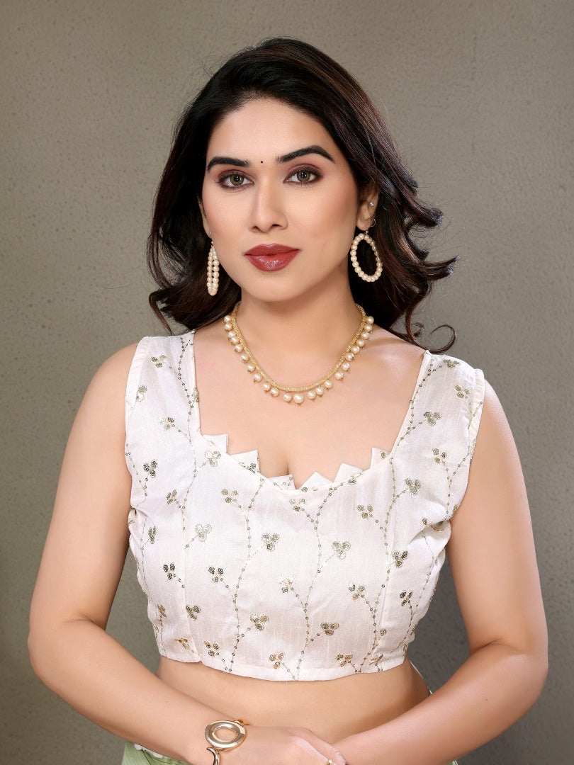 Refreshing Pista Green Polyester Zari Saree with Embroidered Blouse & Pum Pum Lace