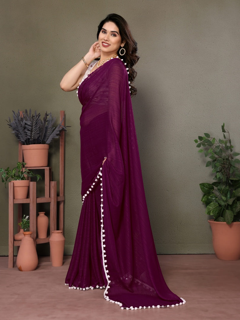 Royal Purple Polyester Zari Saree with Embroidery Work Blouse & Pum Pum Lace