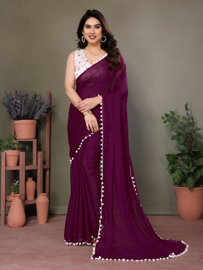 Royal Purple Polyester Zari Saree with Embroidery Work Blouse & Pum Pum Lace