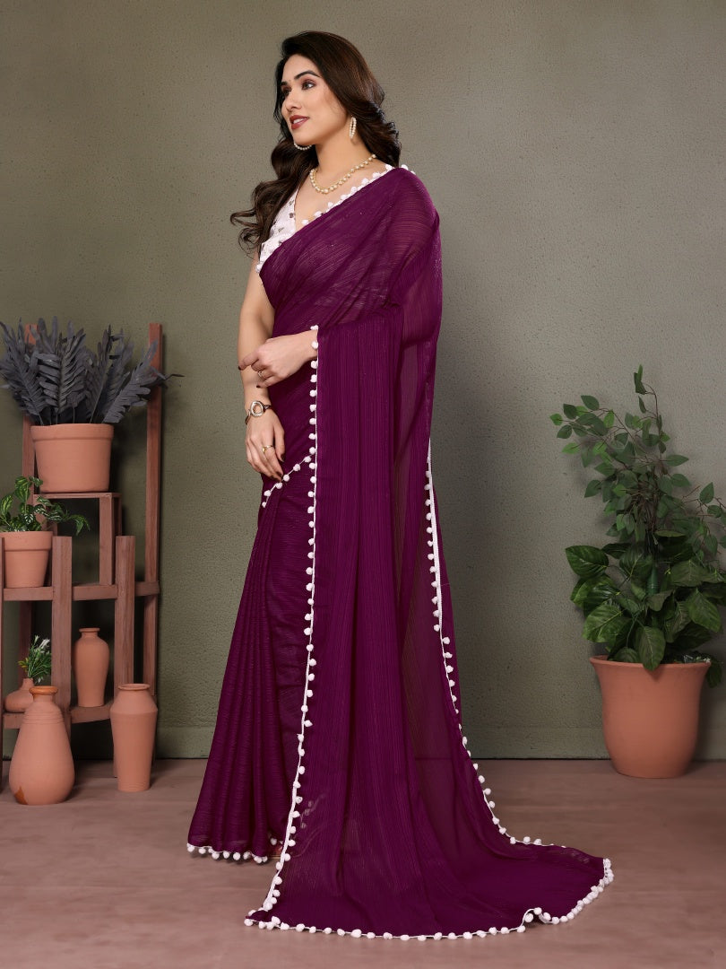 Royal Purple Polyester Zari Saree with Embroidery Work Blouse & Pum Pum Lace