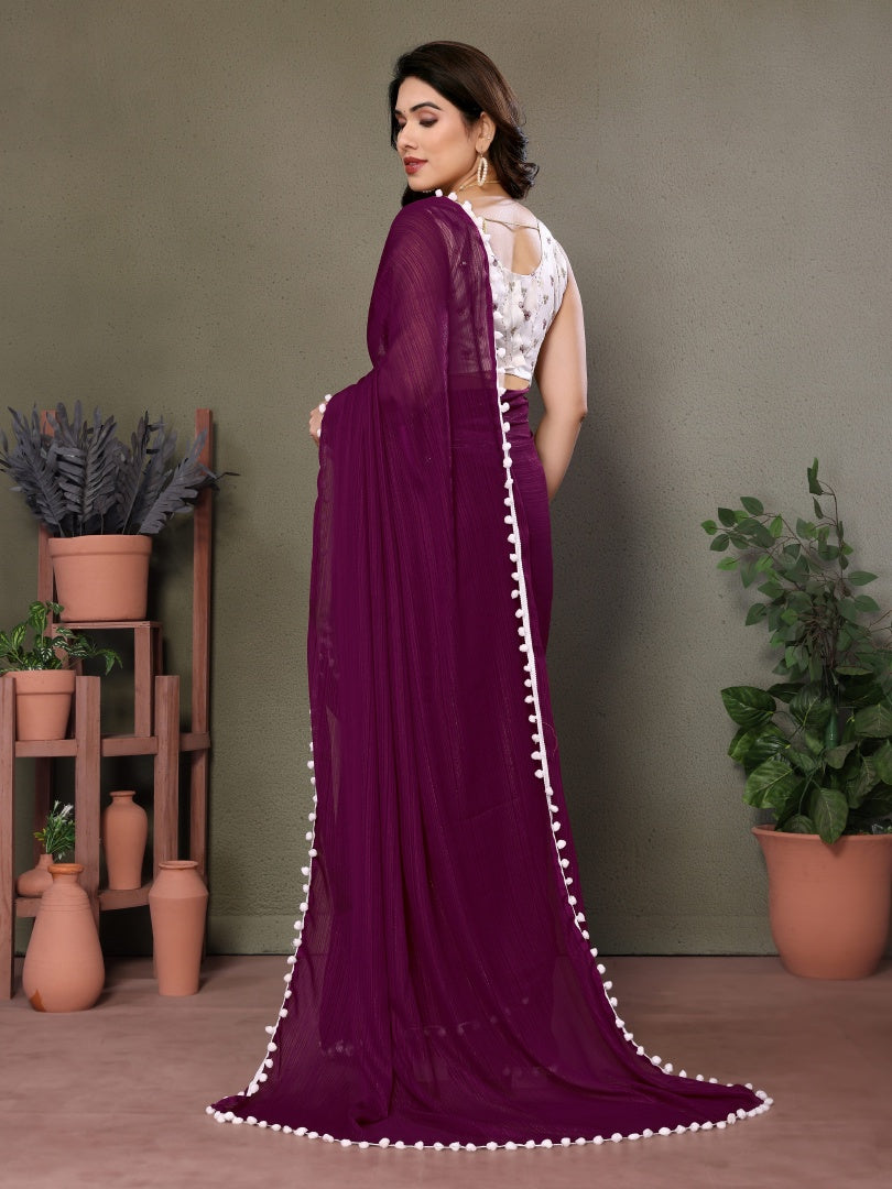 Royal Purple Polyester Zari Saree with Embroidery Work Blouse & Pum Pum Lace