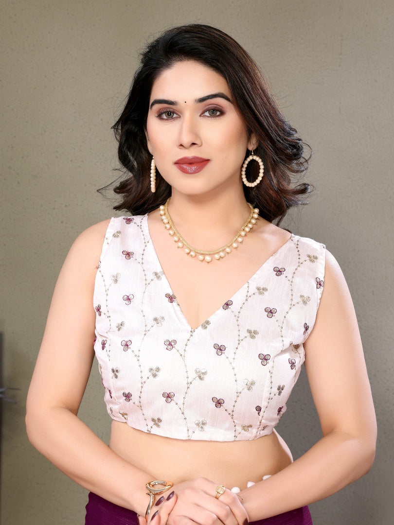 Royal Purple Polyester Zari Saree with Embroidery Work Blouse & Pum Pum Lace