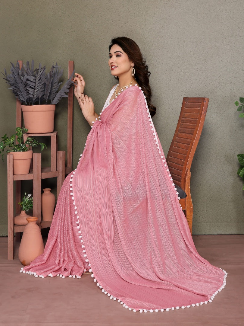 Elegant Rose Pink Polyester Zari Saree with Embroidery Blouse & Pum Pum Lace