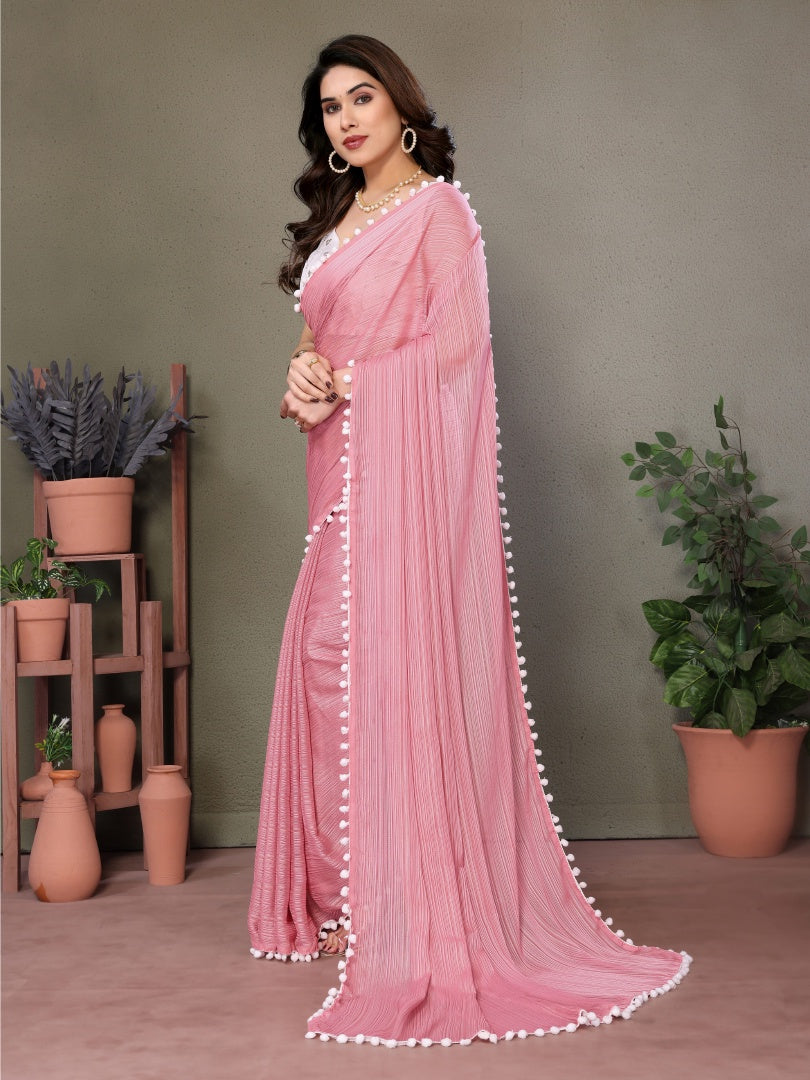 Elegant Rose Pink Polyester Zari Saree with Embroidery Blouse & Pum Pum Lace