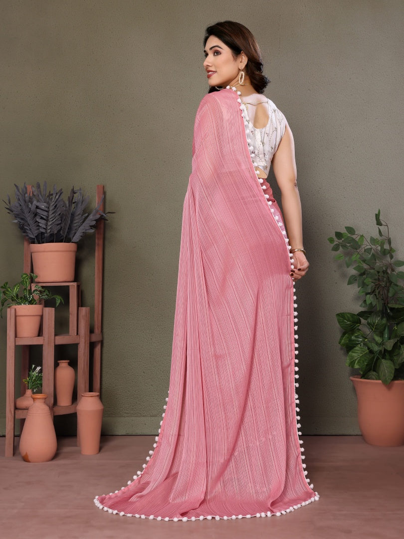 Elegant Rose Pink Polyester Zari Saree with Embroidery Blouse & Pum Pum Lace