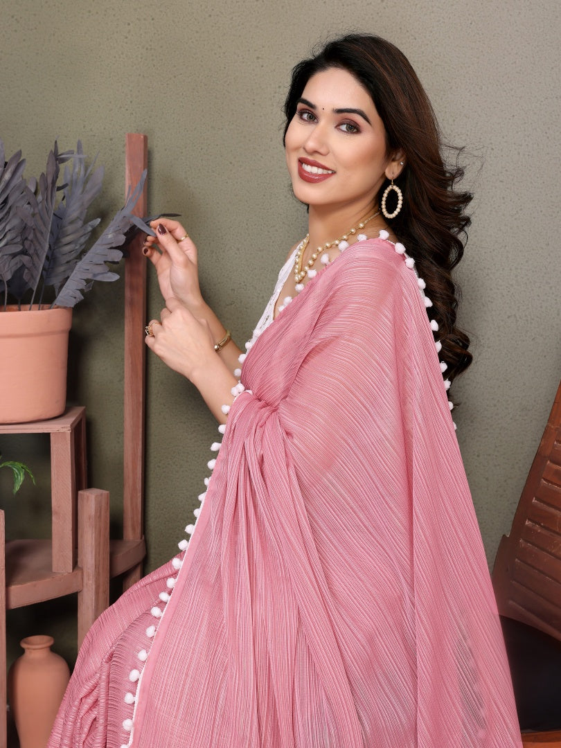 Elegant Rose Pink Polyester Zari Saree with Embroidery Blouse & Pum Pum Lace