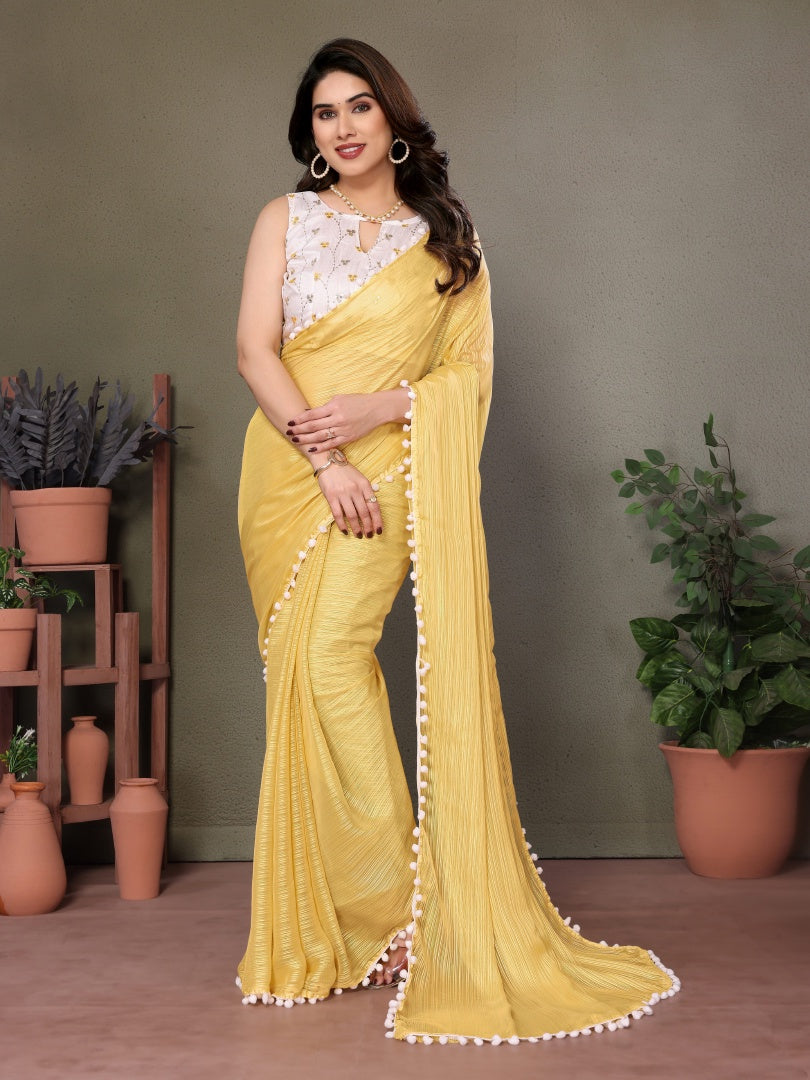 Bright Yellow Polyester Zari Saree with Embroidered Blouse & Pum Pum Lace