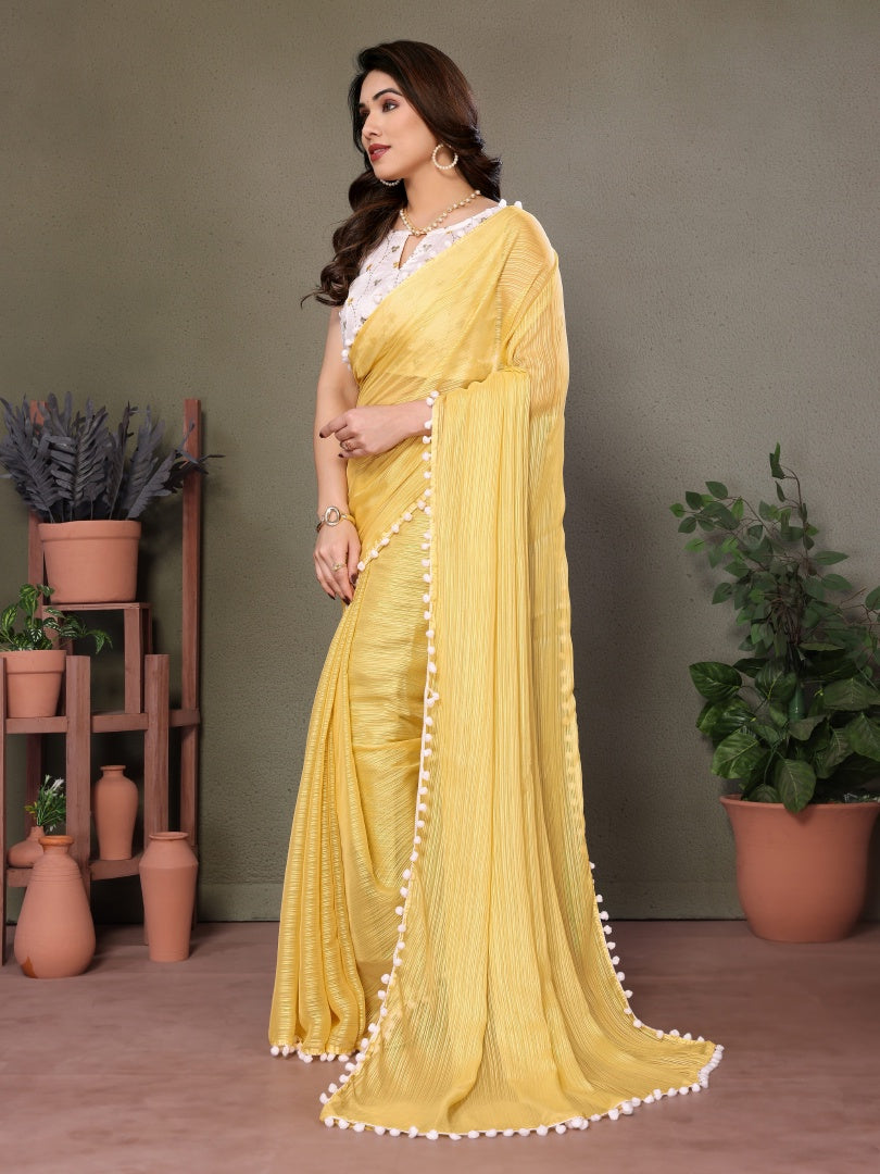 Bright Yellow Polyester Zari Saree with Embroidered Blouse & Pum Pum Lace