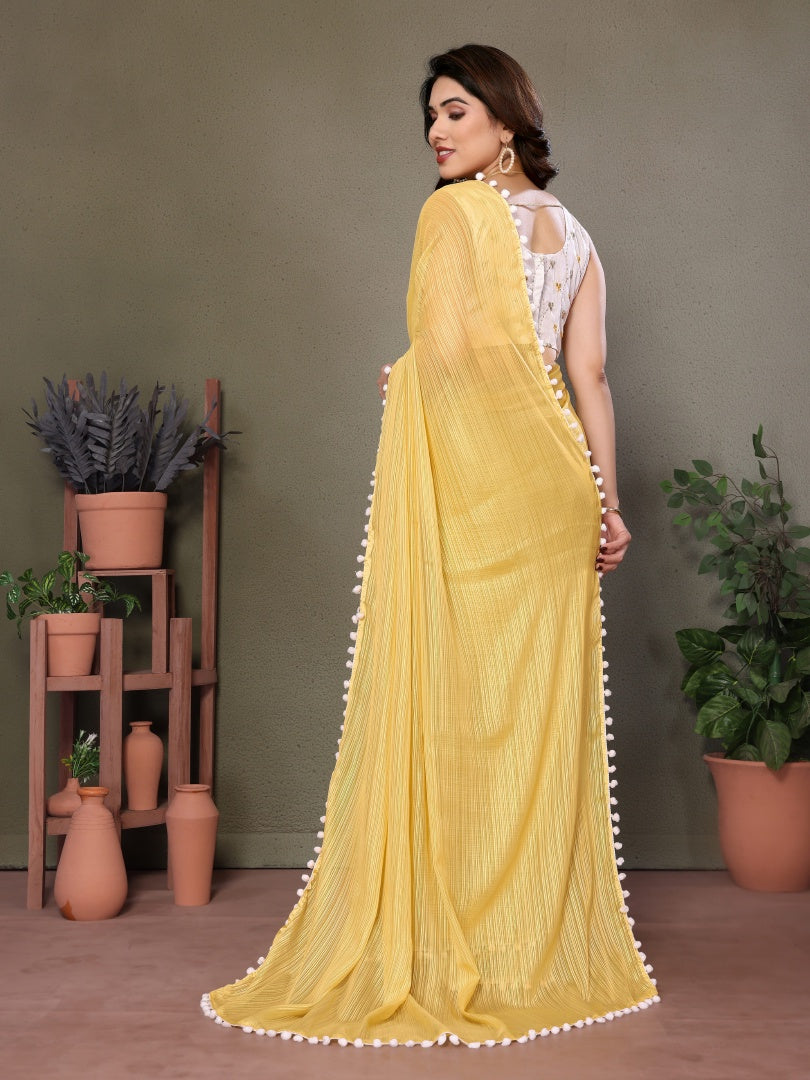 Bright Yellow Polyester Zari Saree with Embroidered Blouse & Pum Pum Lace