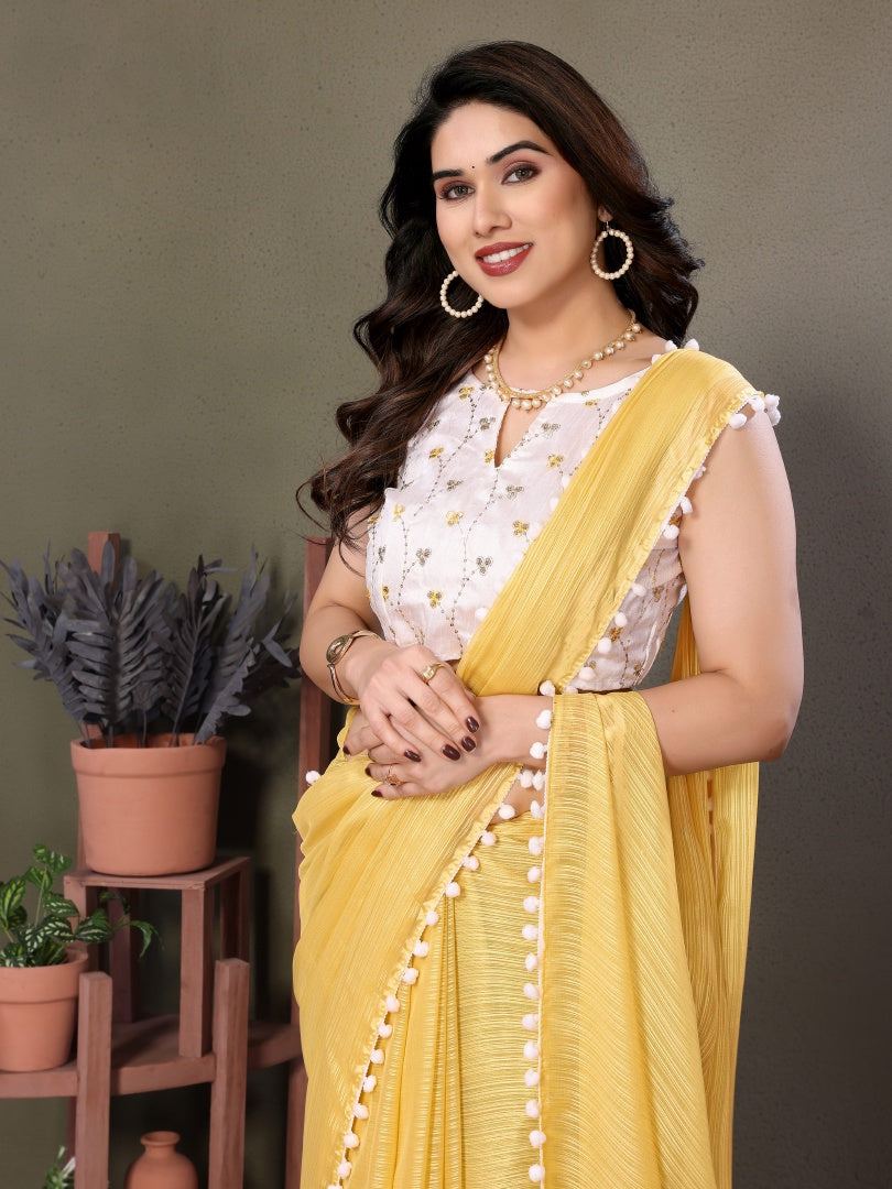 Bright Yellow Polyester Zari Saree with Embroidered Blouse & Pum Pum Lace