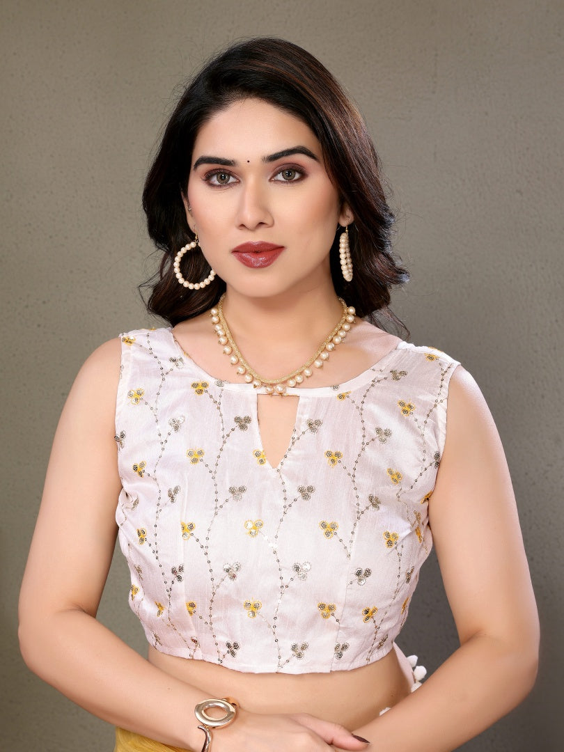 Bright Yellow Polyester Zari Saree with Embroidered Blouse & Pum Pum Lace