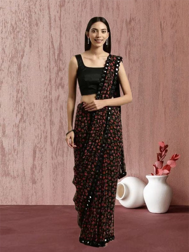 Elegant Black Georgette Printed Saree with Mirror Less Design & Banglori Blouse