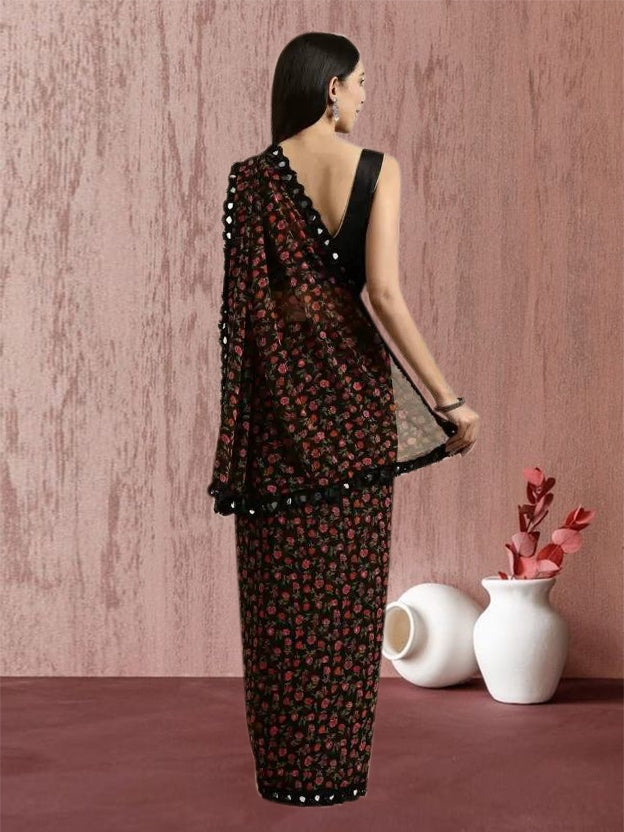 Elegant Black Georgette Printed Saree with Mirror Less Design & Banglori Blouse