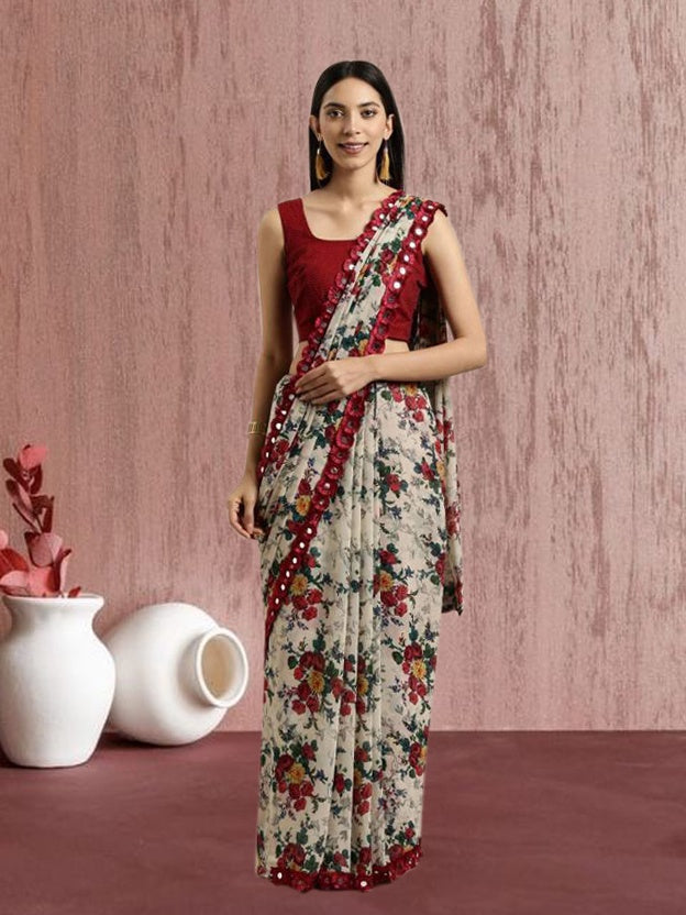 Stylish Blue Print Georgette Printed Saree with Mirror Less Design & Banglori Blouse