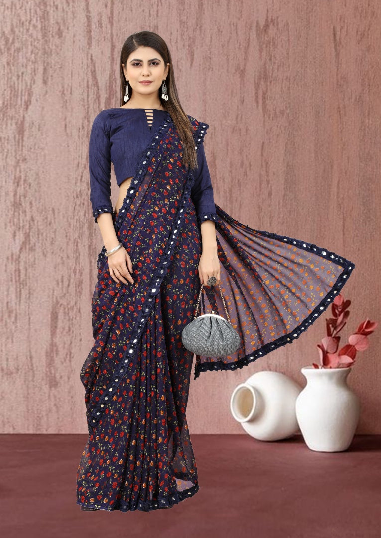 Classic Blue Georgette Printed Saree with Mirror Less Detailing & Banglori Blouse